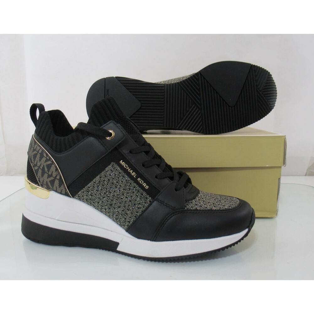 Michael Kors Georgie Knit Trainer Wedge Sneakers Laces MK Logo Black/Gold Size 8 - Picture 6 of 6